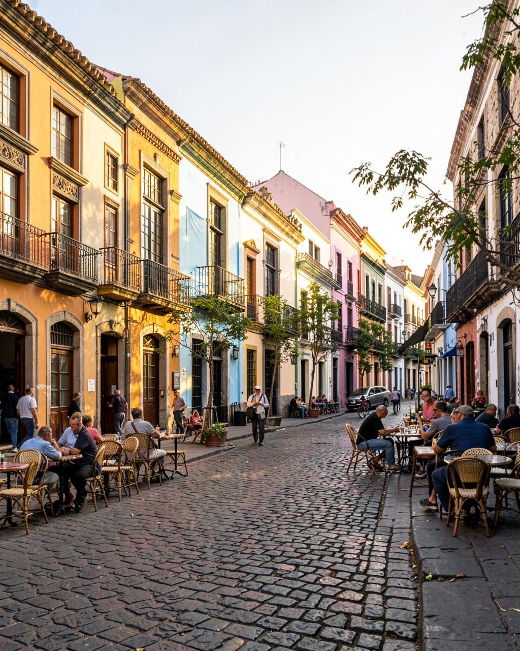 Calle histórica llena de cafés y gente explorando la ciudad