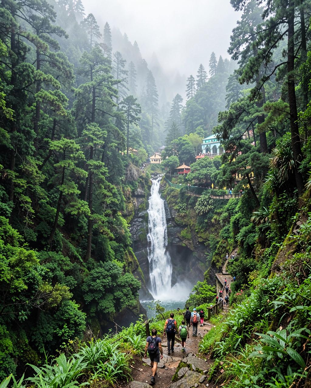 Cascada entre bosque de niebla con sendero de excursionistas
