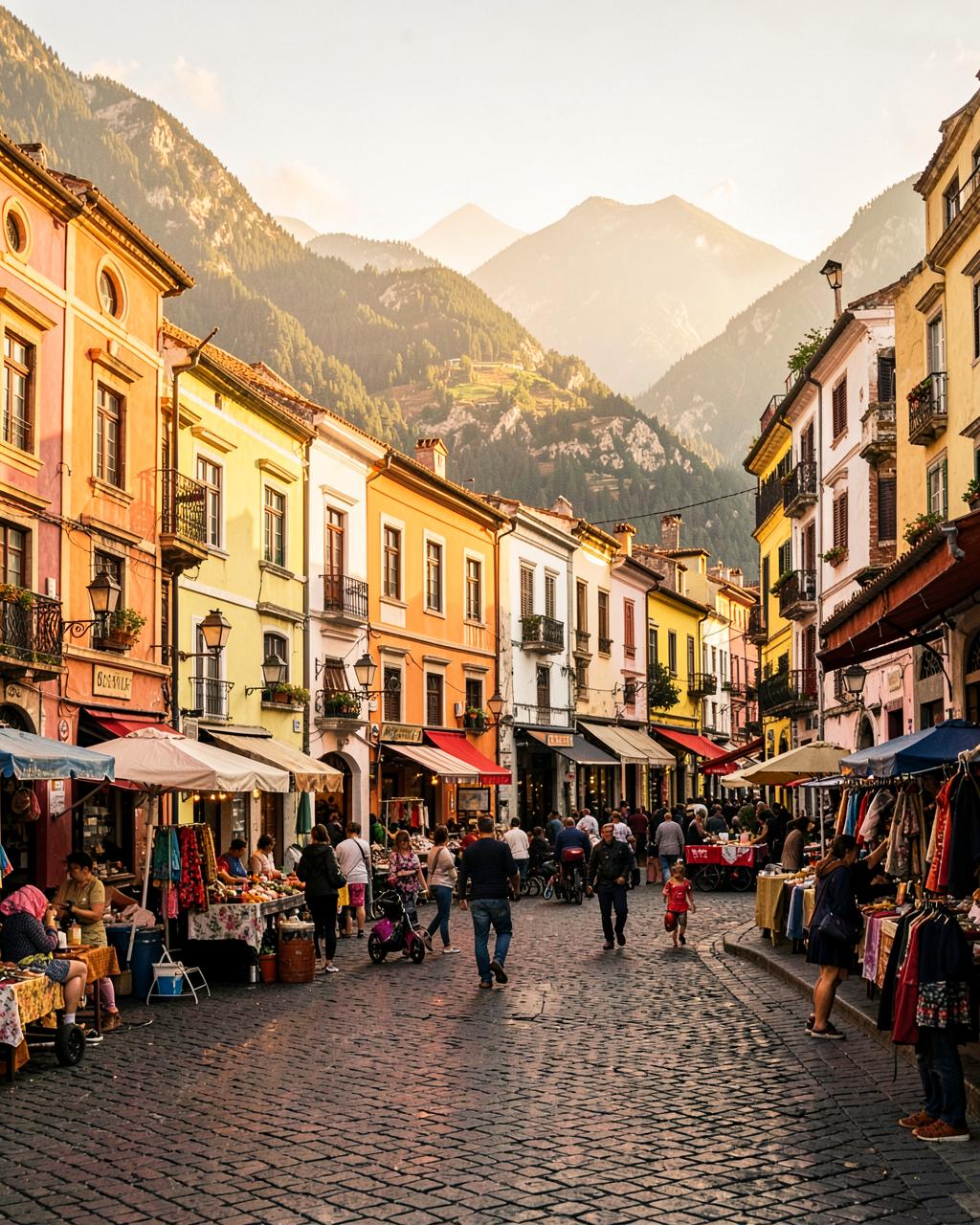 Plaza colorida de un pueblo de montaña al atardecer